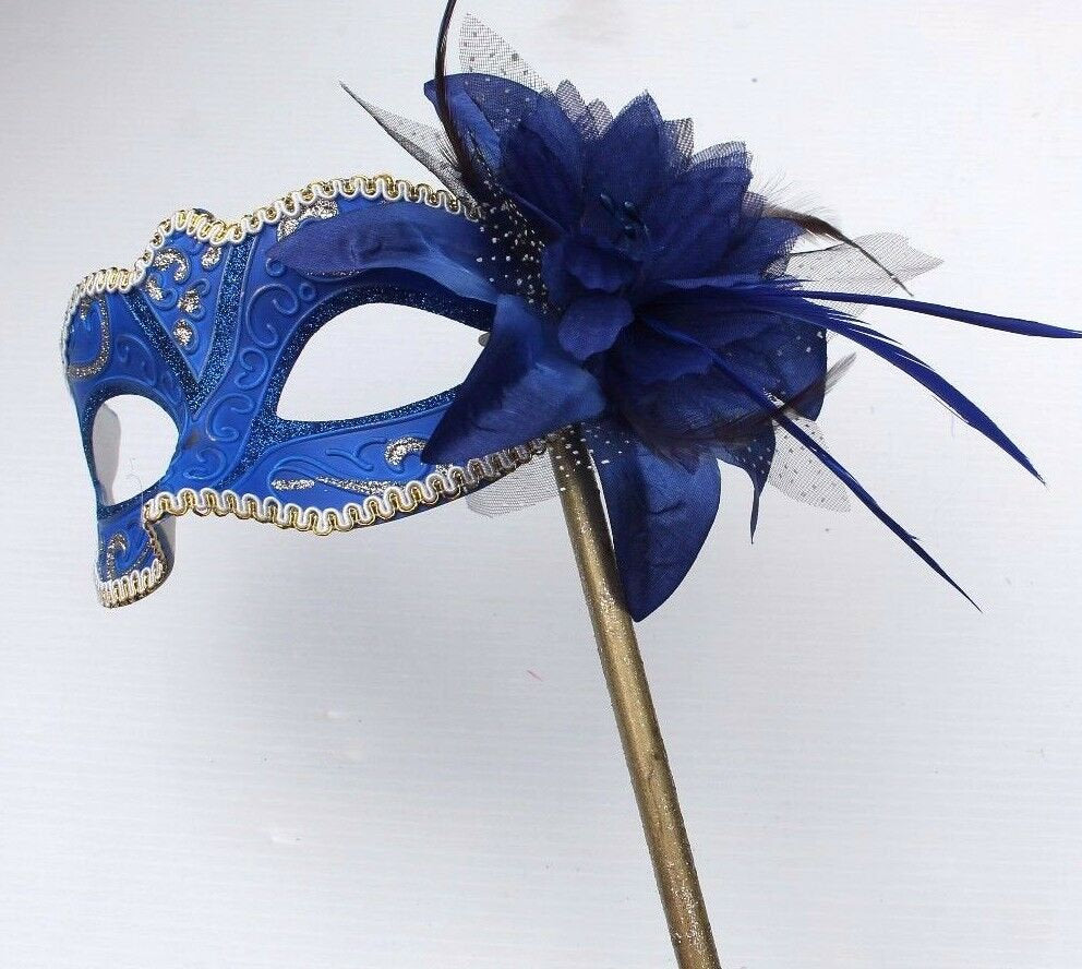 Stunning Blue and Gold with Flower Masquerade Mask on a Gold Stick with Co-ordinated Flower