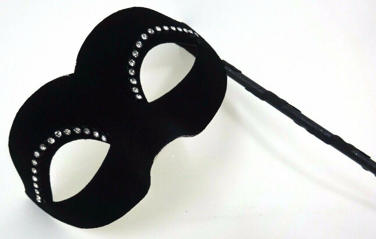 Velour Diamonte Black Masquerade Hand Held Mask on a Stick with Diamontes