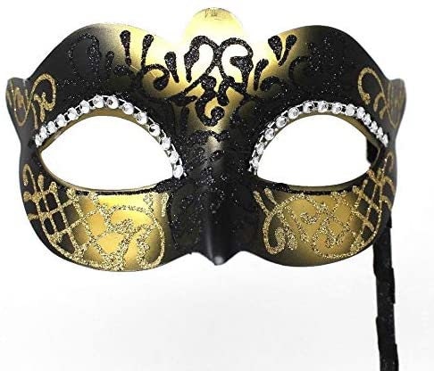 Hand Held Ladies Jewelled Glittering Black and Gold Masquerade Prom Party Ball Carnival Mask on a Stick