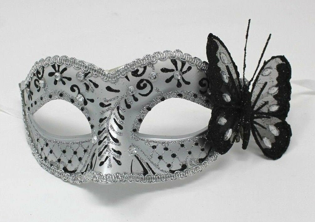 Black and Silver Jewelled Masquerade Mask with Sparkling Butterfly Detail