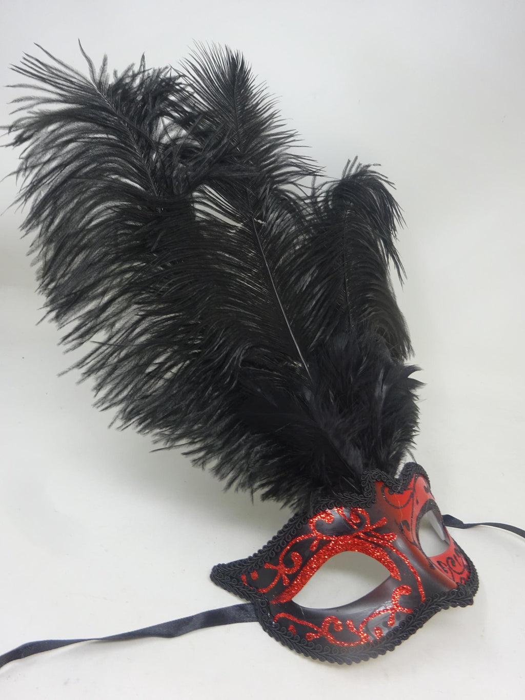 Red and Black Masquerade Eye Mask with Long Feathers for Party Prom Masked Ball