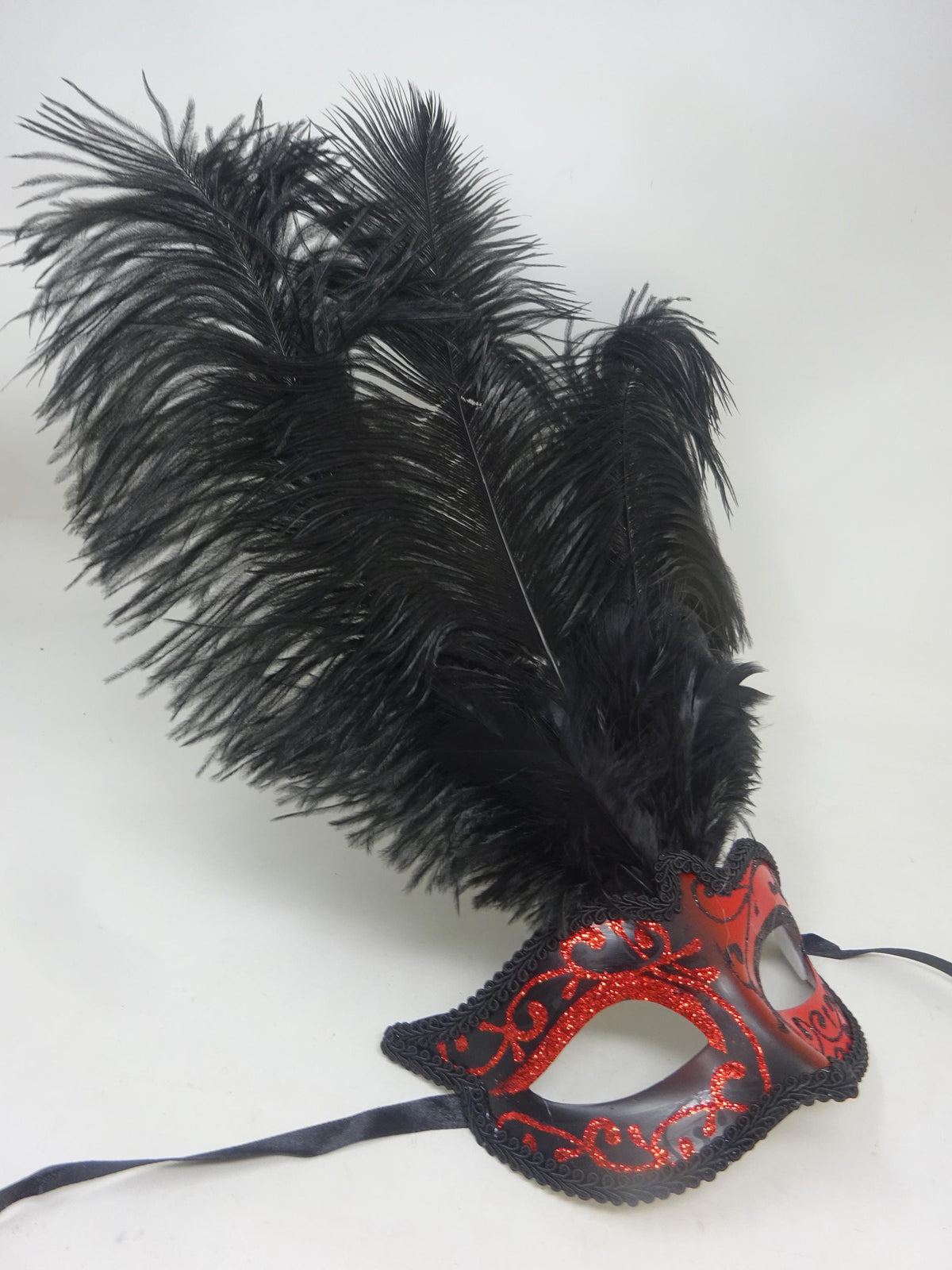 Red and Black Masquerade Eye Mask with Long Feathers for Party Prom Masked Ball