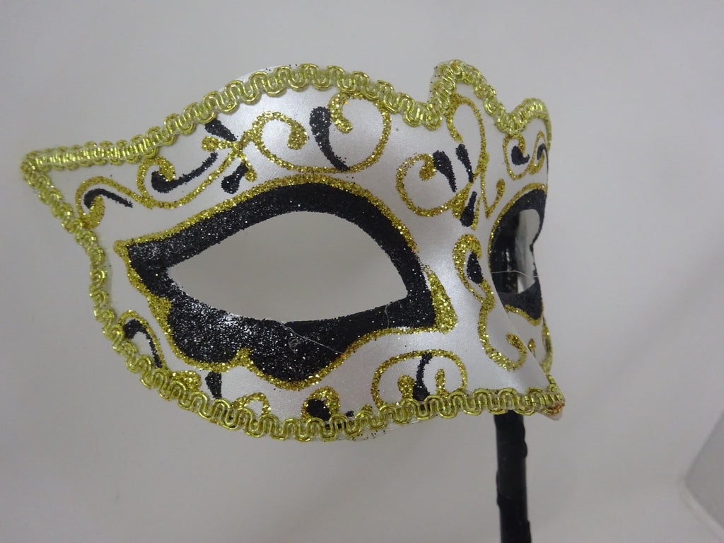 Hand Held Glittering Black White and Gold Masquerade Ball Party Prom Carnival Mask on a Black Stick