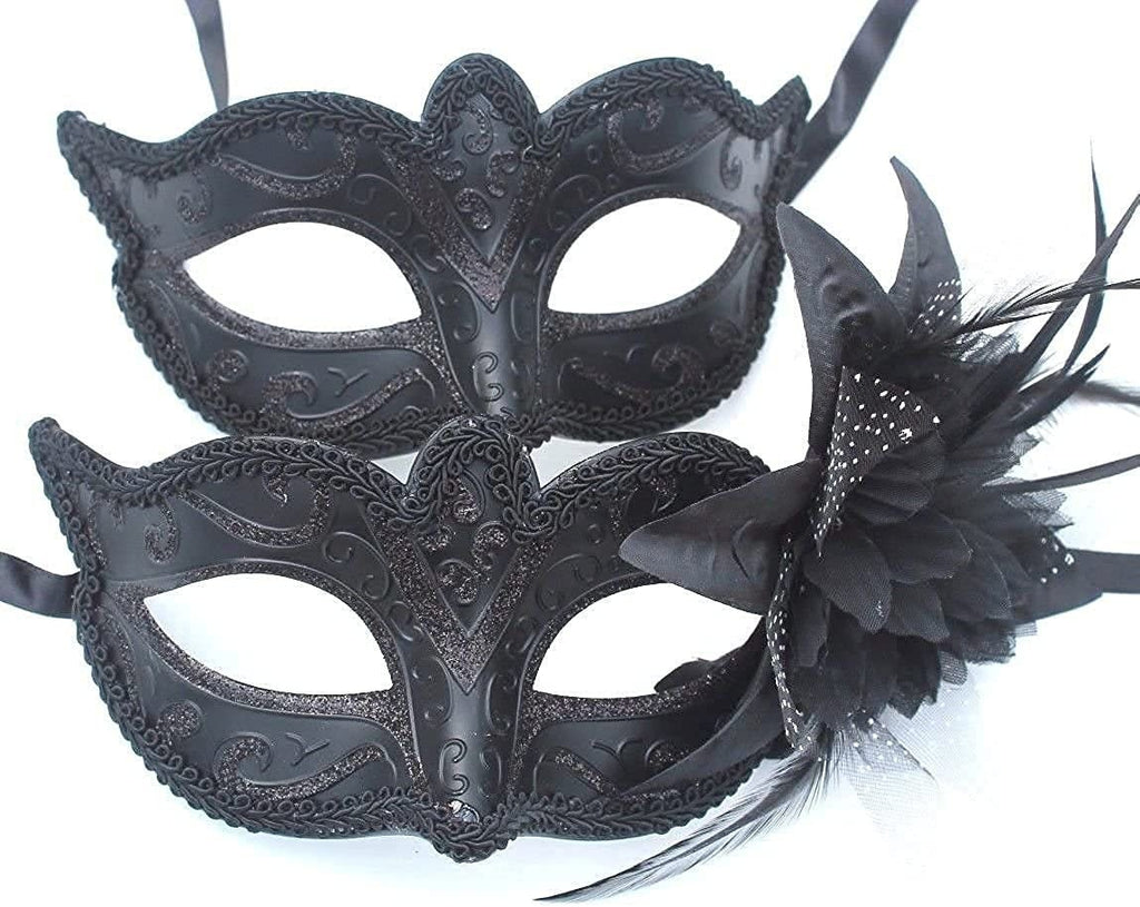 Black His n Hers Couples Masquerade Masks with Flower