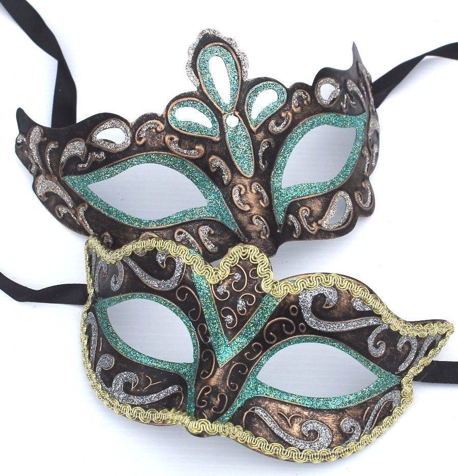 His and Hers Green, Bronze, Silver and Gold Pair of Male and Female Couples Masquerade Masks