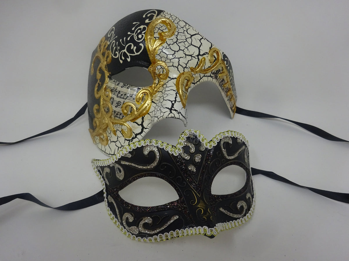 Musical Script Gold and Black Phantom his and hers couples pair of masquerade masks