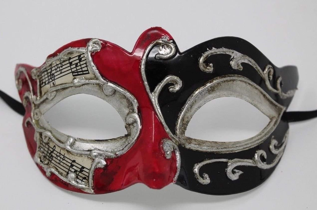 Red, Black and Silver Musical Masquerade Mask for Masked Ball with Musical Notes Script