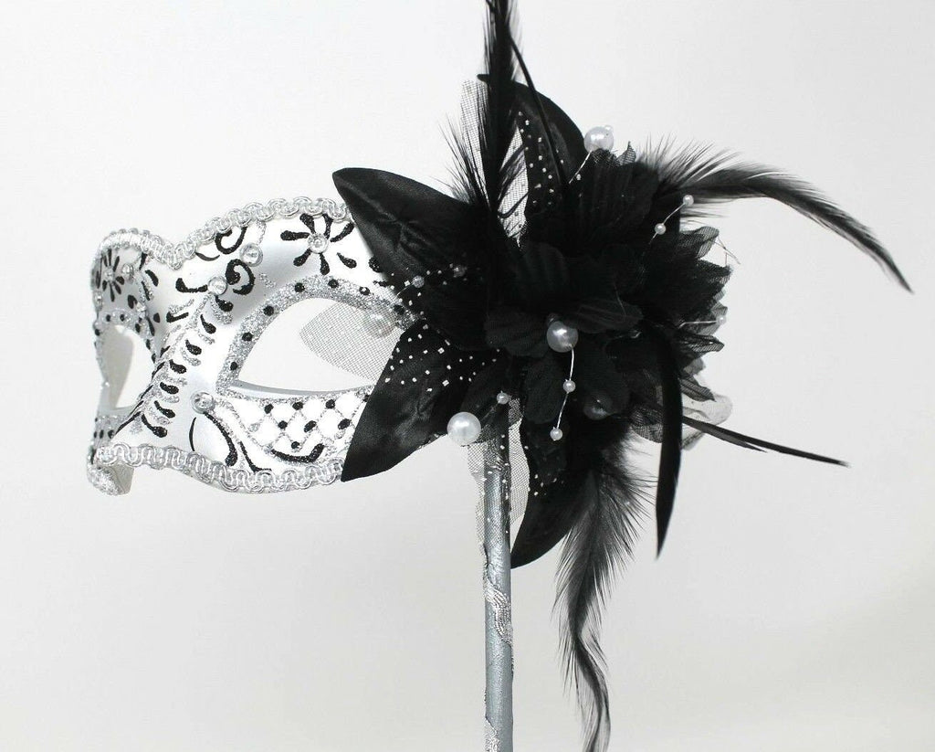 Stunning Black and Silver Venetian Masquerade Prom Ball Party Eye Mask with a Flower on a Silver Stick with Clear Jewels