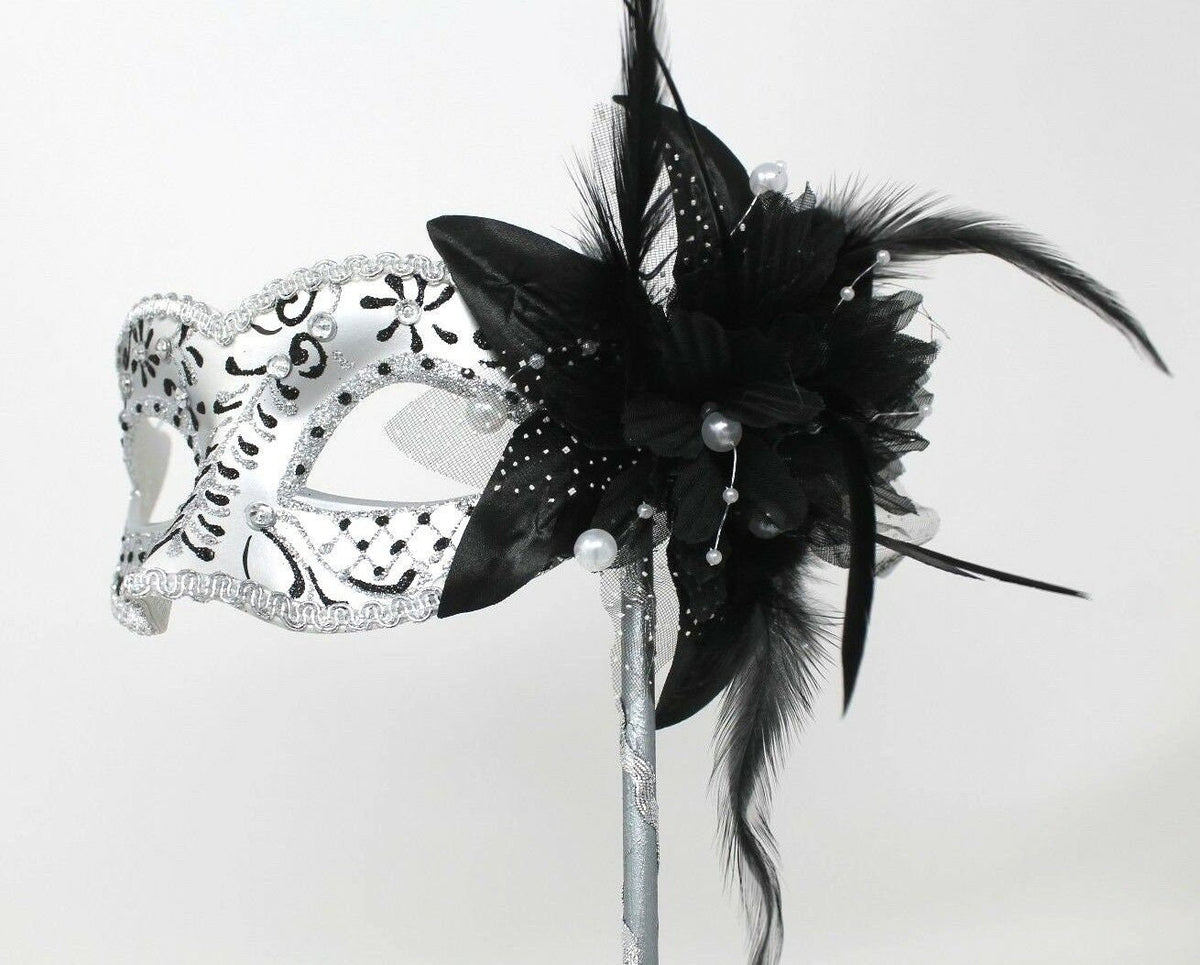 Stunning Black and Silver Venetian Masquerade Prom Ball Party Eye Mask with a Flower on a Silver Stick with Clear Jewels