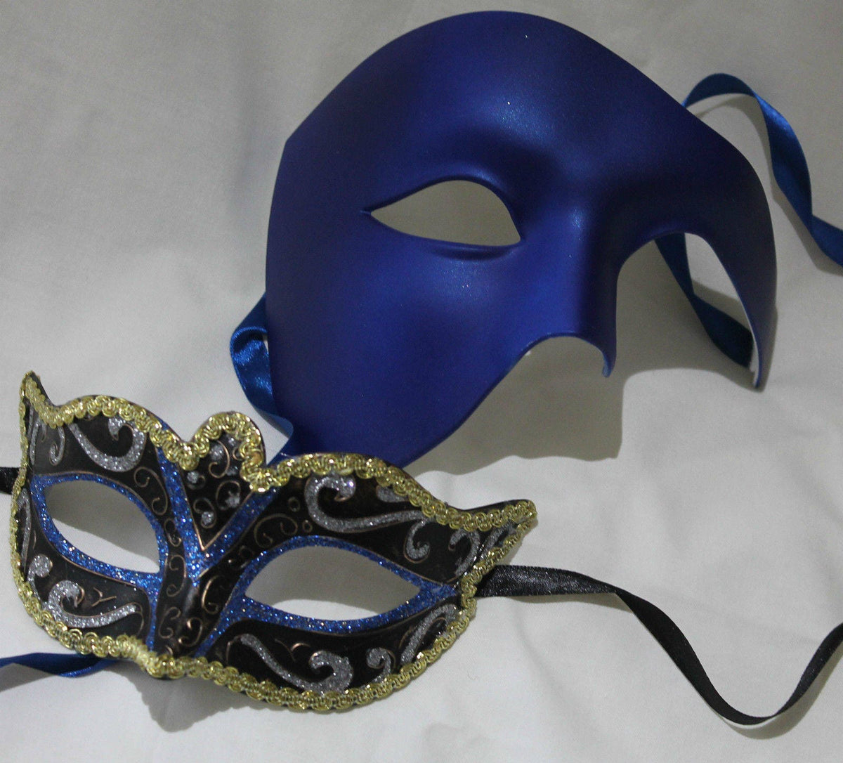 Blue and Gold Phantom Pair of Male and Female Masquerade Masks