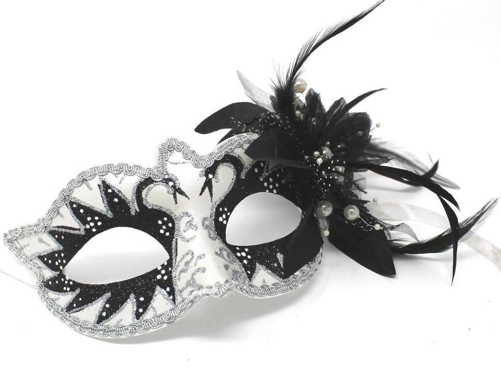 White & Black Swan Lake Masquerade Mask with Flower and Pearl Detail
