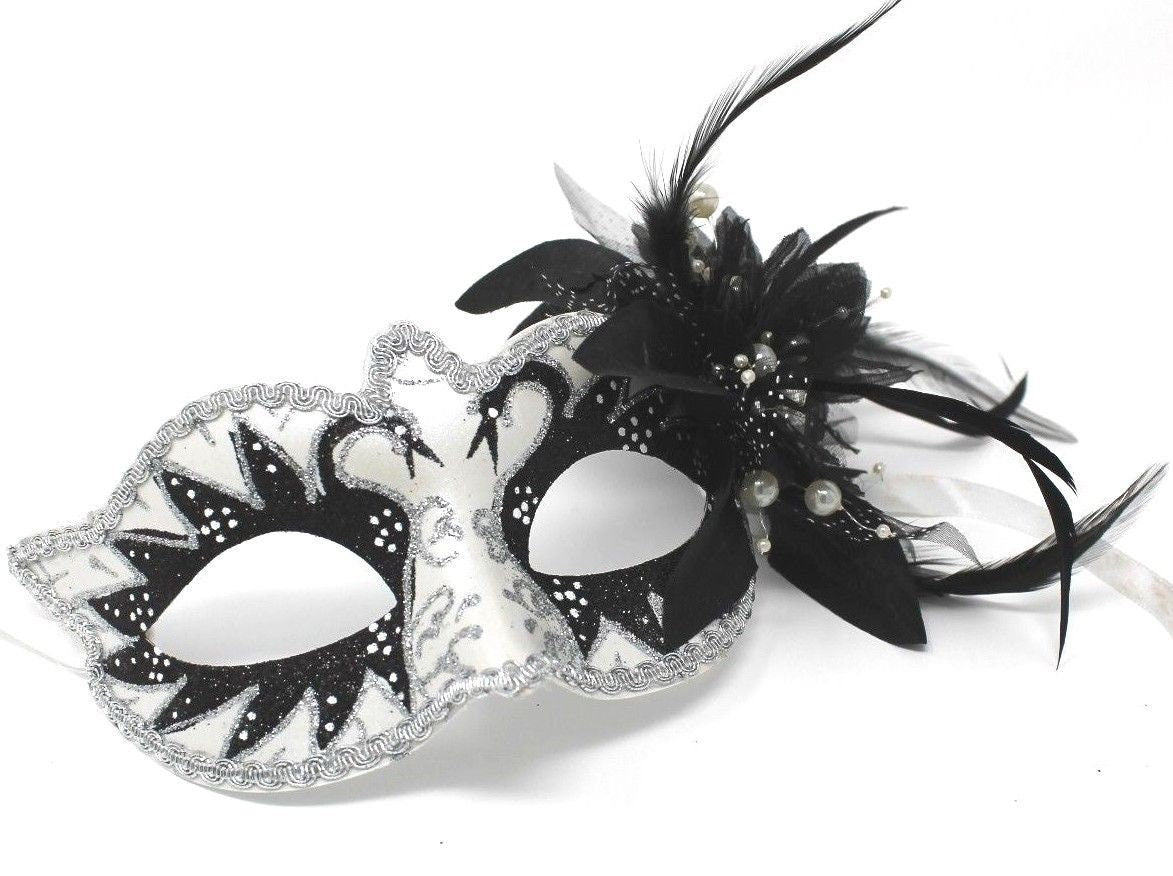 White & Black Swan Lake Masquerade Mask with Flower and Pearl Detail