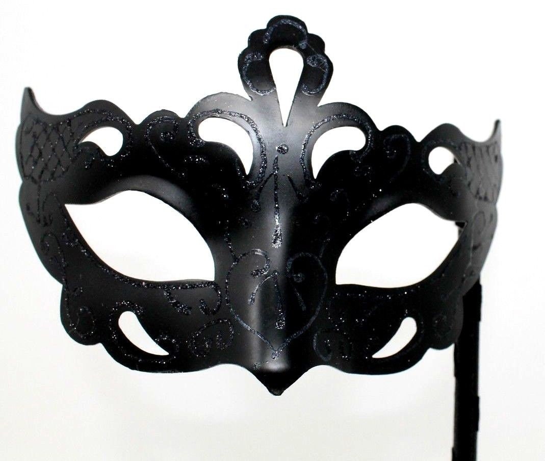 Stunning Black Masquerade Mask on a Black Stick
