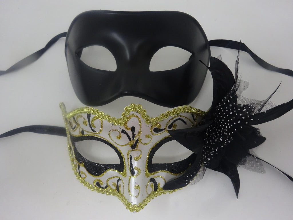 Quality Black and Gold Swirl Pair of Couples His and Hers Masquerade Masks