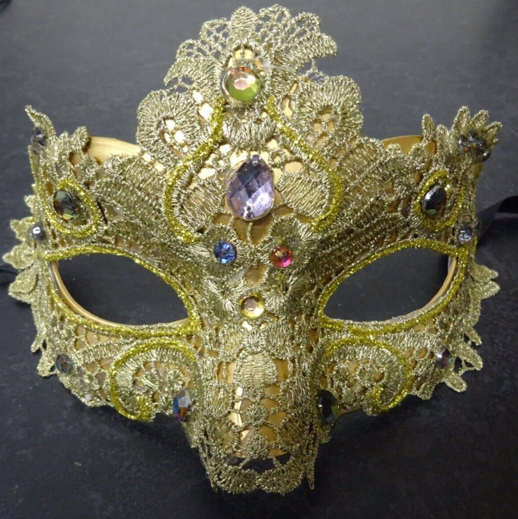 Gold/Champagne Brocade Lace Masquerade Mask with Multi-coloured Crystals