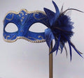 Stunning Blue and Gold with Flower Masquerade Mask on a Gold Stick with Co-ordinated Flower