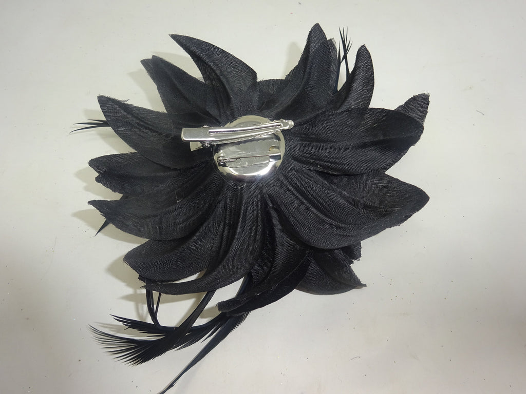 Hair Fascinator Corsage and Brooch Black with Fabric Petals and Slim Feathers Clip & Pin Fastening