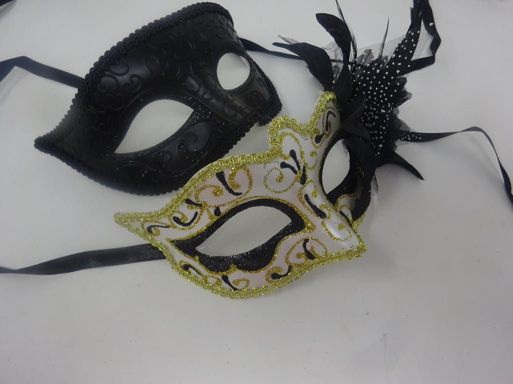 Straight Black and Gold Swirl Pair of Couples His and Hers Masquerade Masks