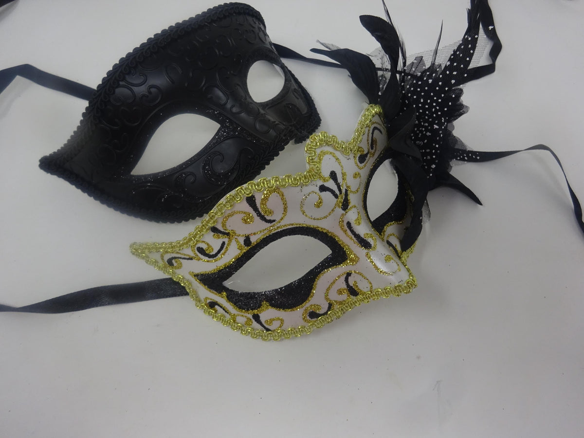 Straight Black and Gold Swirl Pair of Couples His and Hers Masquerade Masks