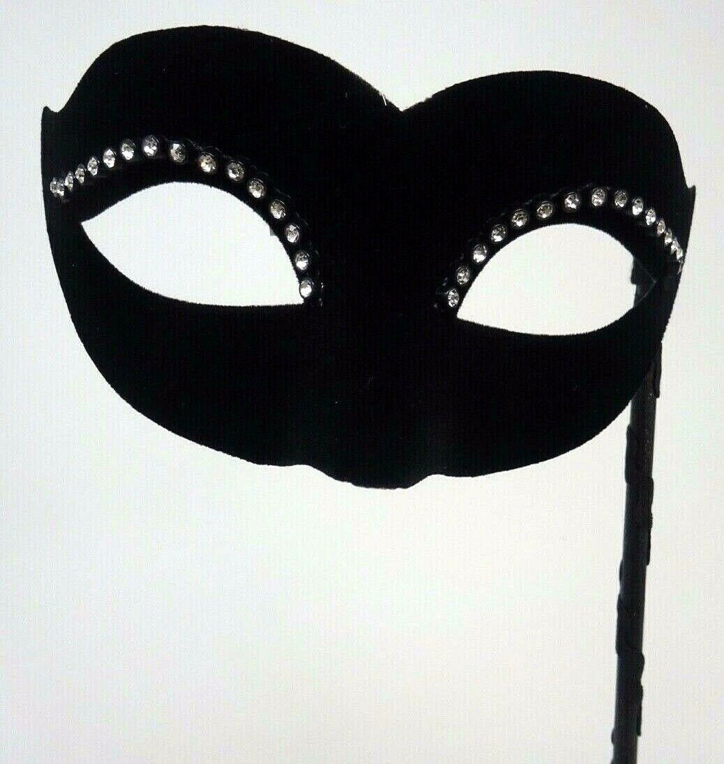 Velour Diamonte Black Masquerade Hand Held Mask on a Stick with Diamontes