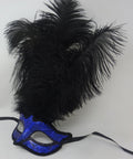 Sparkling Blue and Black Venetian Masquerade Ball Party Eye Mask with Long Black Feathers