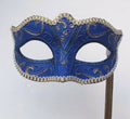 Blue and Gold Venetian Masquerade Party Carnival Eye Mask on a Gold Stick