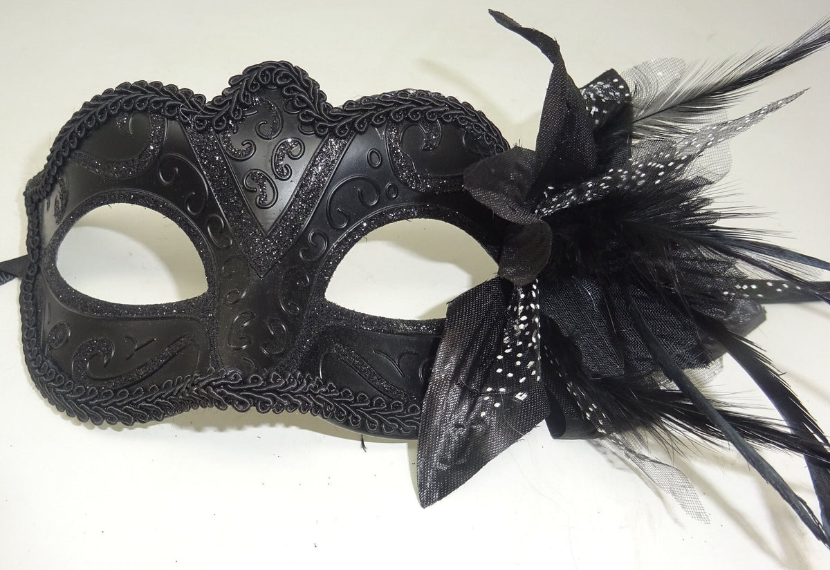 Ladie Black Masquerade Mask with Flower and Feather Detail