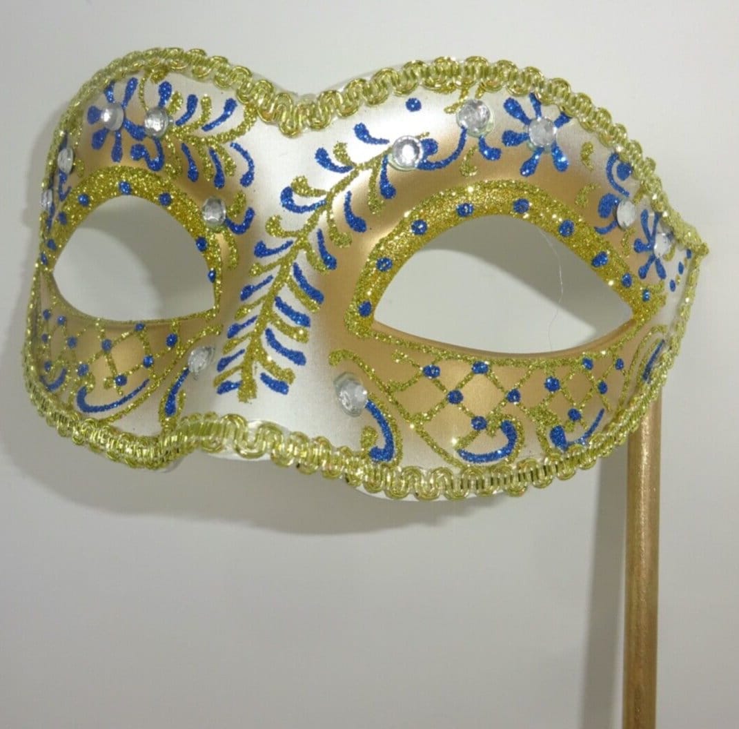 Stunning Blue Ivory and Gold Jewelled Venetian Masquerade Ball Prom Party Eye Mask Hand Held on a Gold Stick