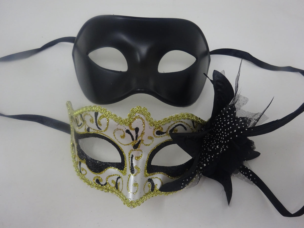 Quality Black and Gold Swirl Pair of Couples His and Hers Masquerade Masks