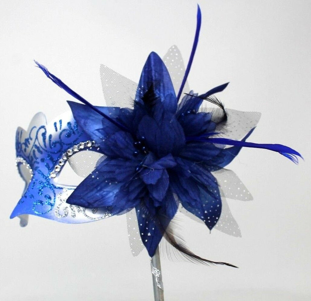 Blue and Silver Diamonte Mask on Stick with Flower