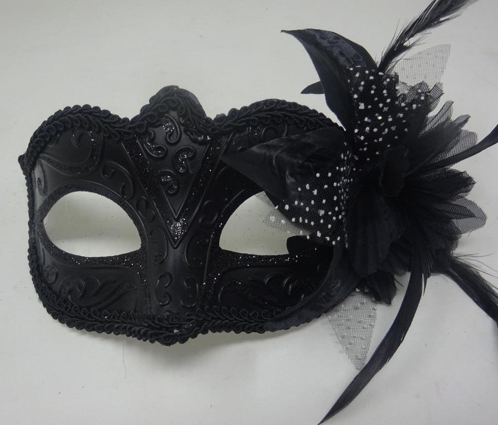 Ladie Black Masquerade Mask with Flower and Feather Detail