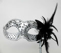Stunning Black and Silver Venetian Masquerade Prom Ball Party Eye Mask with a Flower on a Silver Stick with Clear Jewels