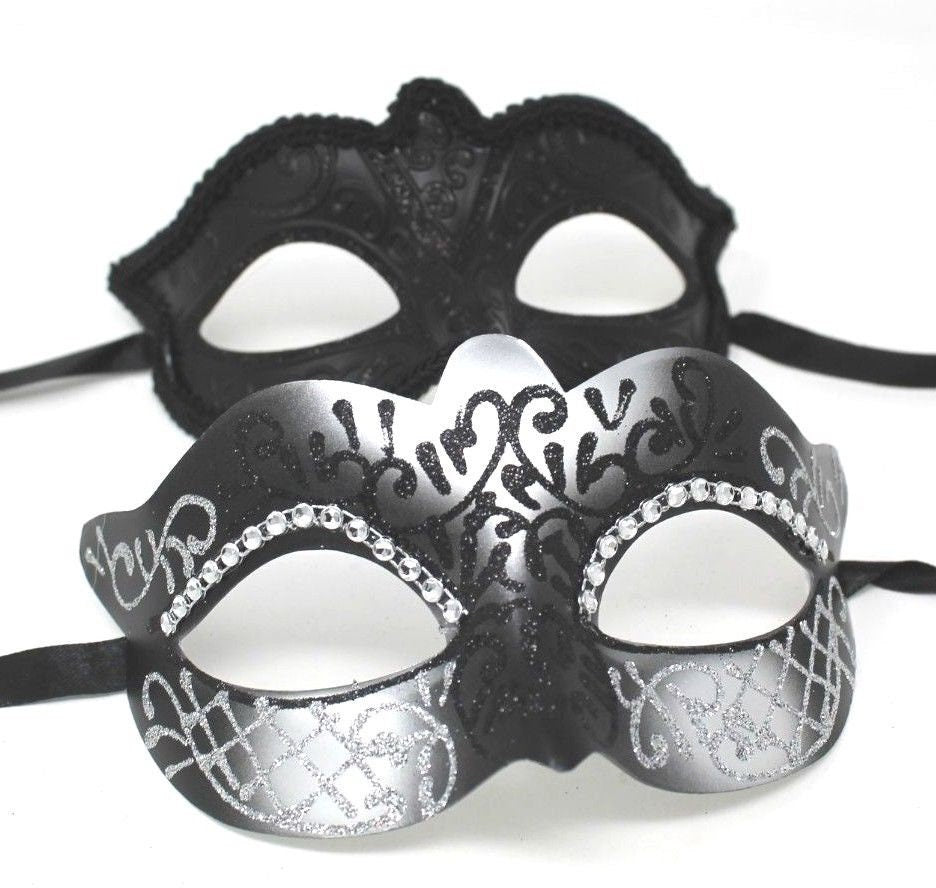 Black and Silver Diamonte Pair of Male and Female Couples Masquerade Masks
