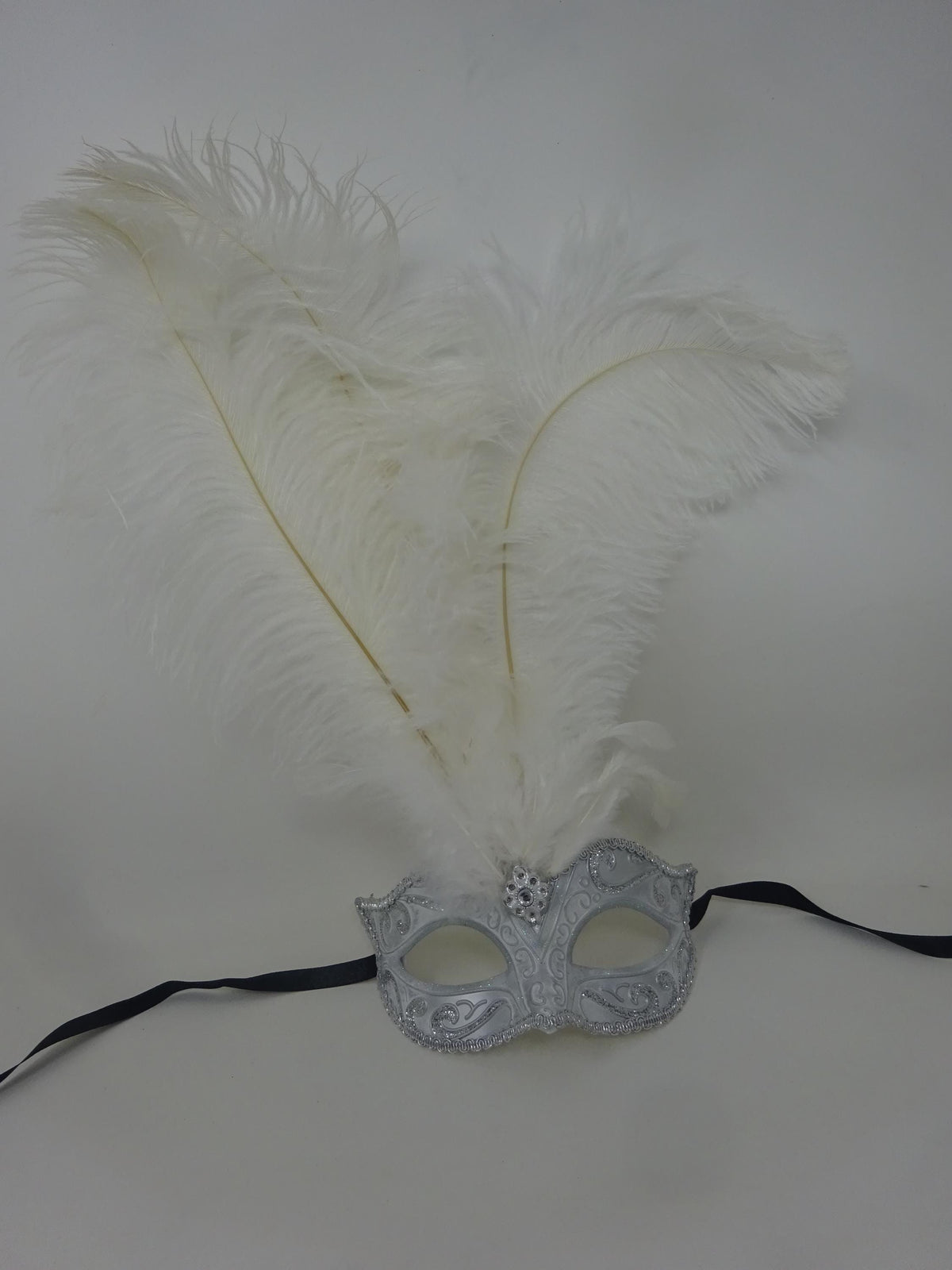 Ladies Stunning White and Silver Long Feather Masquerade Mask with Centre Jewel
