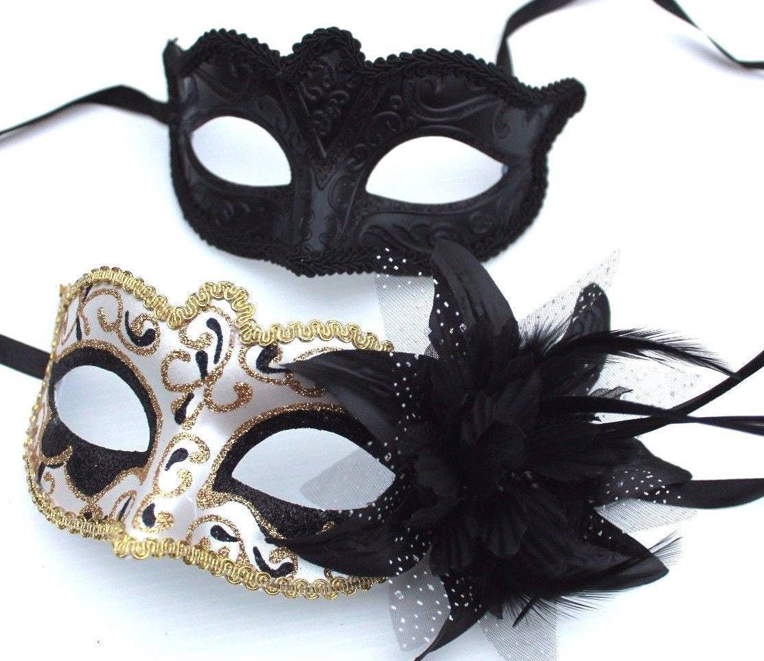 Black and Gold Swirl Pair of Couples His and Hers Masquerade Masks