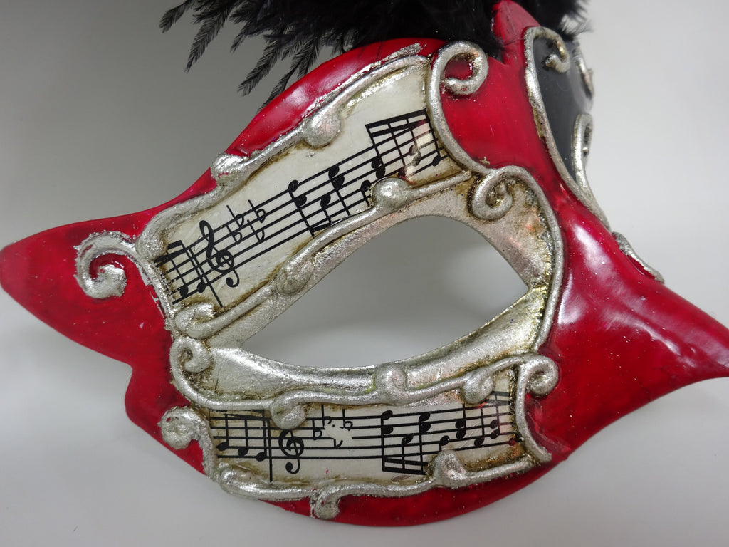 Ladies Red, Black and Silver Musical Masquerade Mask for Masked Ball with Layered Long Black Feathers