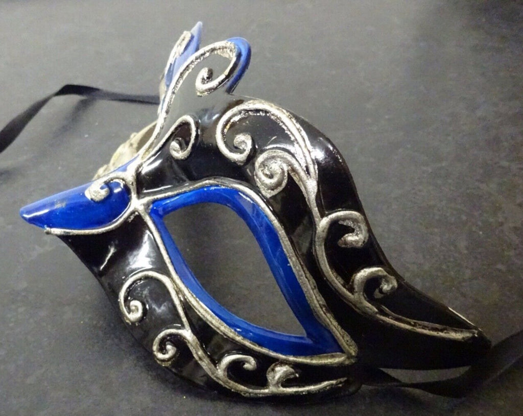 Blue Silver and Black Musical Venetian Masquerade Mask for Masked Ball with Musical Notes Script