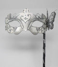 White and Silver Butterfly Mask on a Silver Stick