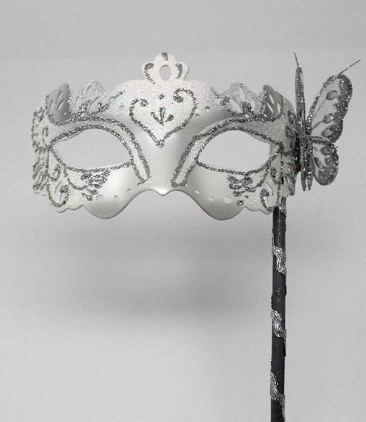 White and Silver Butterfly Mask on a Silver Stick