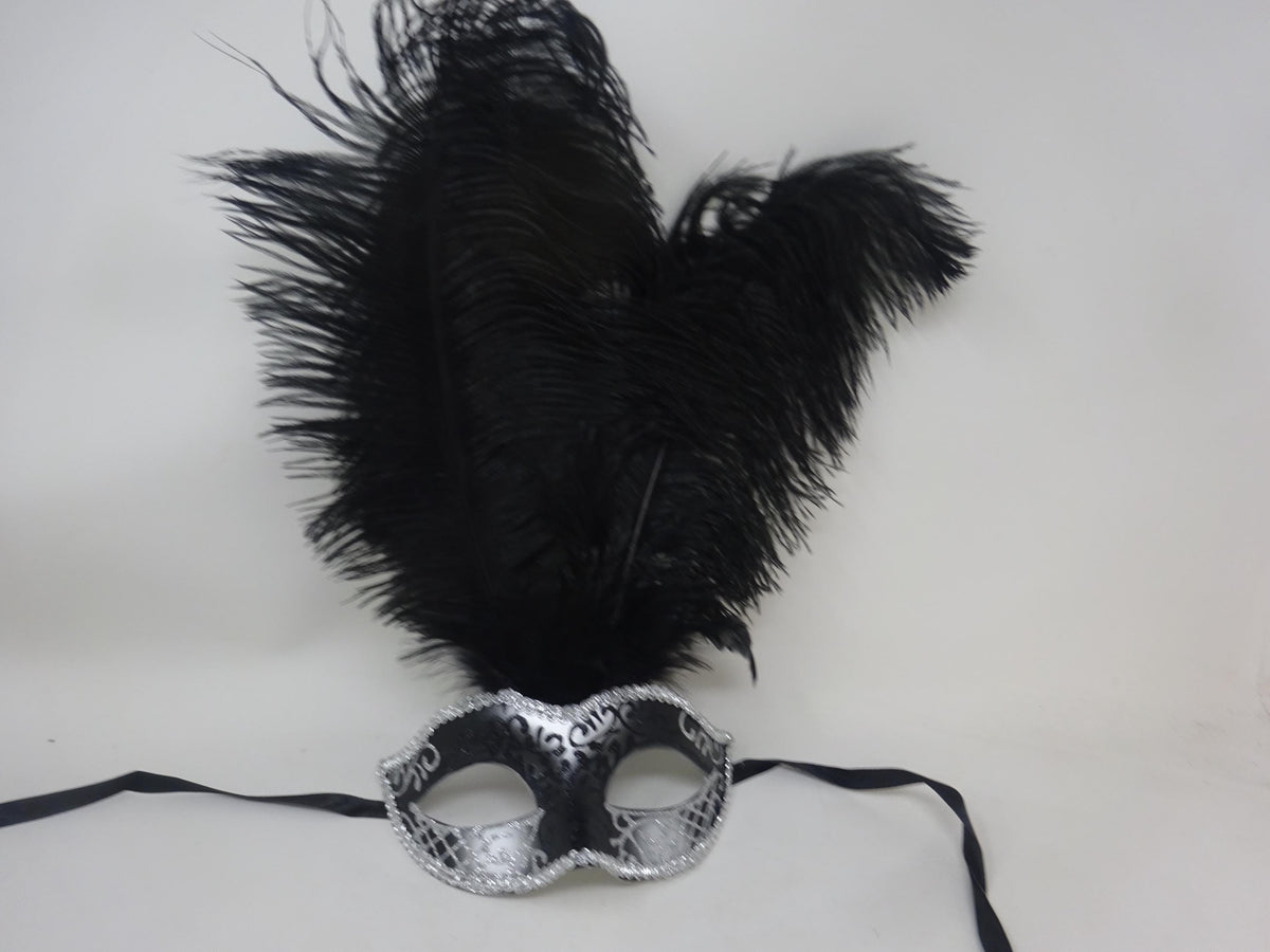 Stunning Black and Silver Long Black Feather Venetian Masquerade Prom Ball Eye Mask