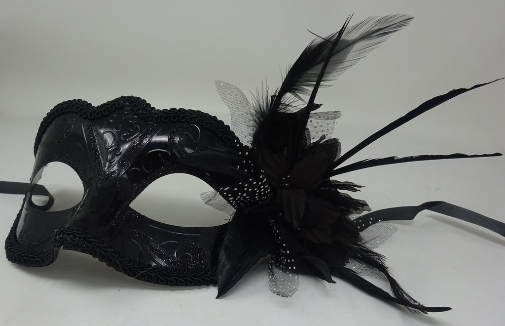 Ladies High Gloss Black Masquerade Mask with Flower and Feather Detail