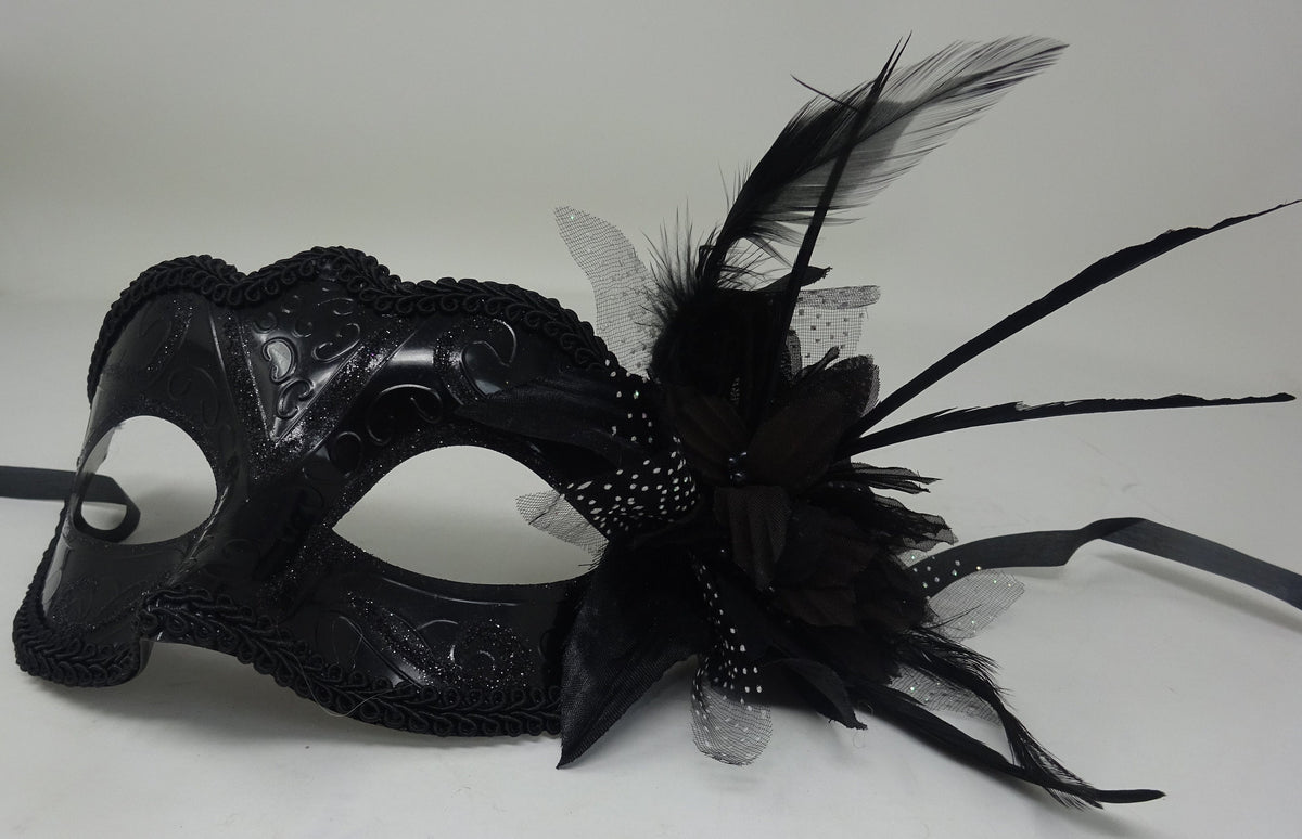 Ladies High Gloss Black Masquerade Mask with Flower and Feather Detail