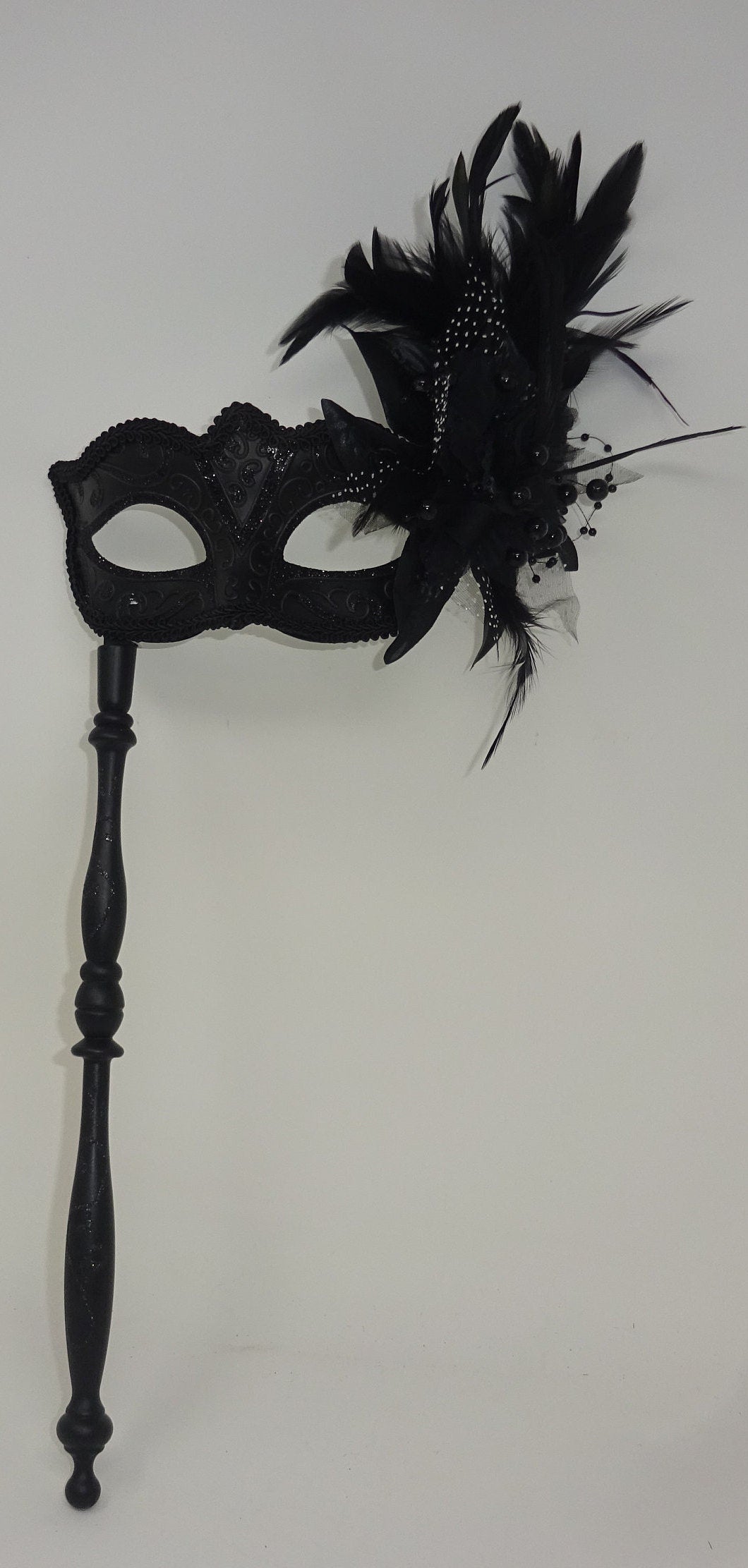 Black Masquerade Mask with Flower for Masked Ball Carnival Party Halloween Hand Held on an Elaborate Stick