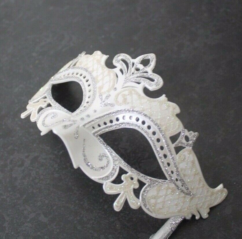 Rialto White and Silver Masquerade Party Carnival Ball Mask Hand Held on a Wooden Stick