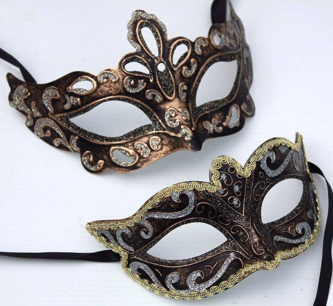 His n Hers Pair of Male and Female Masquerade Mask Black, Bronze, Silver and Gold