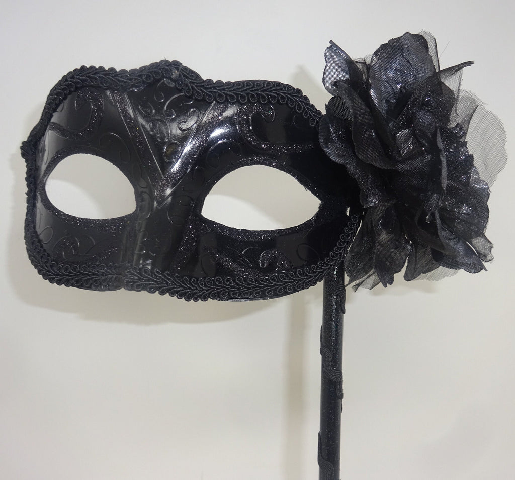 Black Masquerade Ball Carnival Party Mask on a Stick with Silver Sheen Rose Flower Detail Hand Held