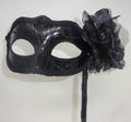 Black Masquerade Ball Carnival Party Mask on a Stick with Silver Sheen Rose Flower Detail Hand Held