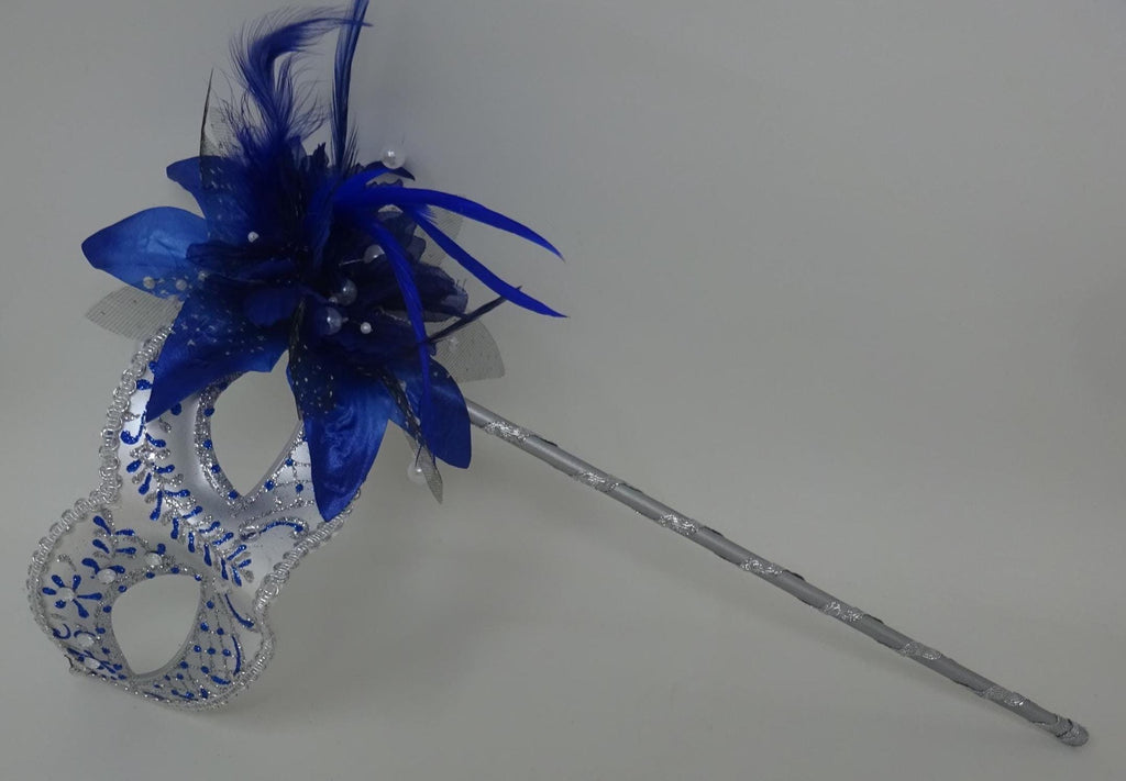 Blue and Silver Jewelled Party Masquerade Wedding Bridal ball Eye Mask on Stick with Flower and Feathers
