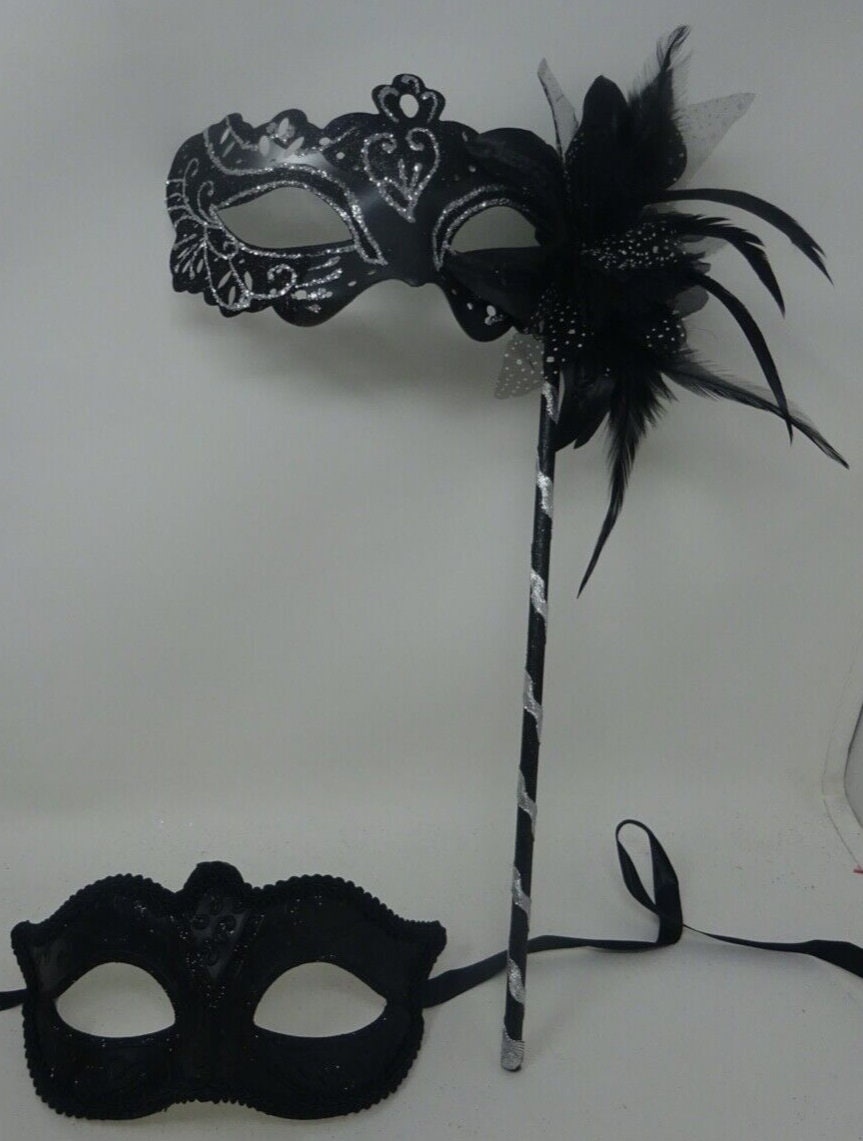 Couples Masks Black and Silver Rialto Masquerade Mask with Flower for Masked Ball Carnival Party Halloween Hand Held on a Wooden Stick