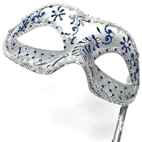 Blue and Silver Jewelled Party Masquerade Wedding Bridal ball Eye Mask on Stick